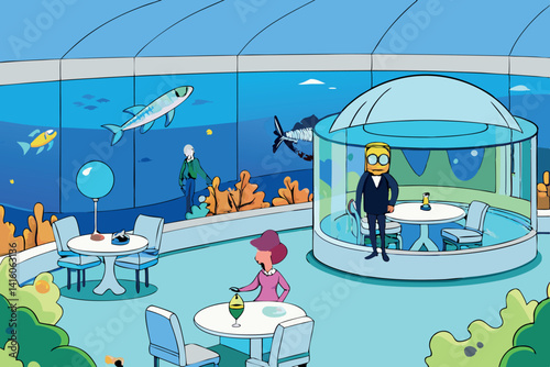 Underwater dining experience a luxury resort cartoon scene of guests in elegant attire enjoying cocktails while surrounded by breathtaking marine life