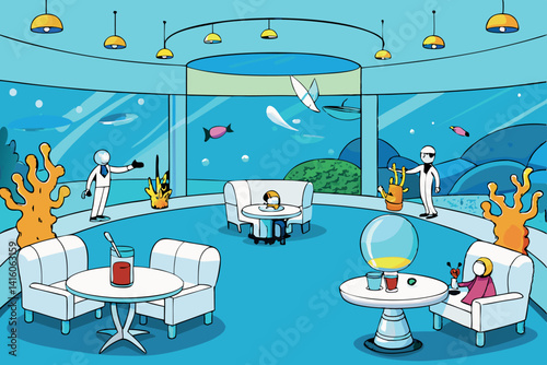 Futuristic underwater resort a luxurious cartoon scene of guests lounging in a stylish restaurant with an aquarium view of diverse marine life