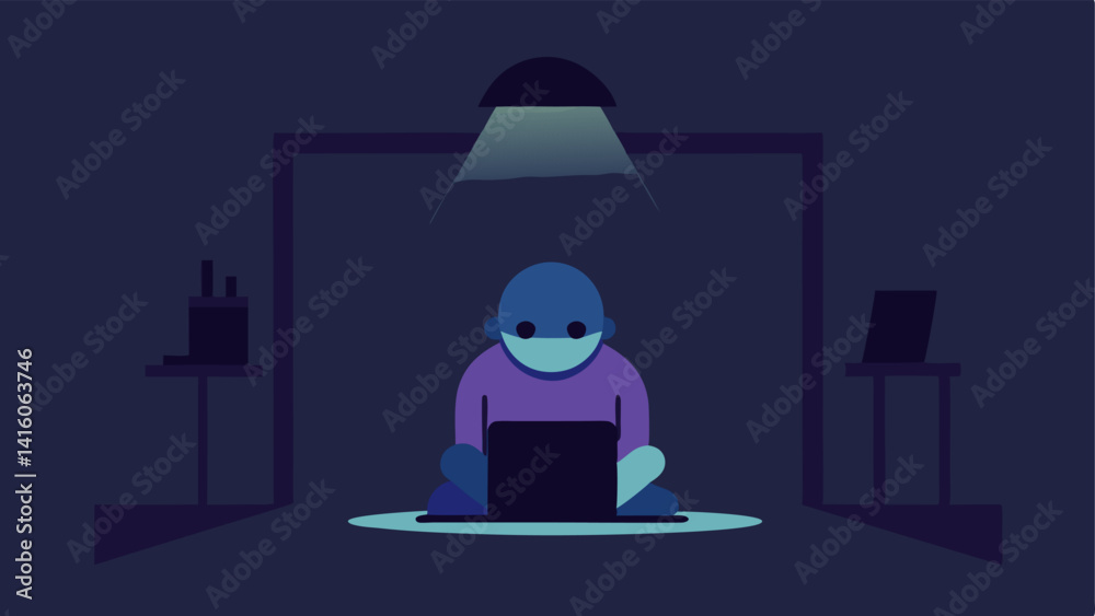 Isolation A character sitting alone in a dark room surrounded by shadows and a single light from the computer signifying social isolation due to workaholism. Isolation A character sitting alone in a dark room surrounded by shadows and a single light from the computer signifying social isolation due to workaholism.