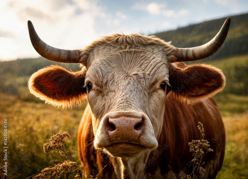 Golden Hour Portrait of a Majestic Highland Cow Amidst Rolling Hills Golden Hour Portrait of a Majestic Highland Cow Amidst Rolling Hills
