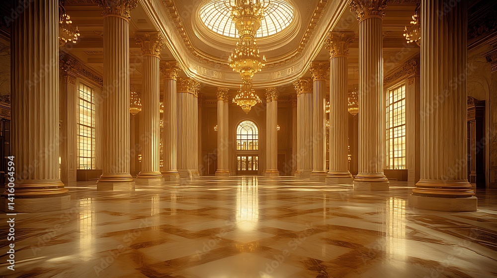 Obraz premium Golden Grand Ballroom Photo With Columns Marble Floor And Crystal Chandeliers Architecture