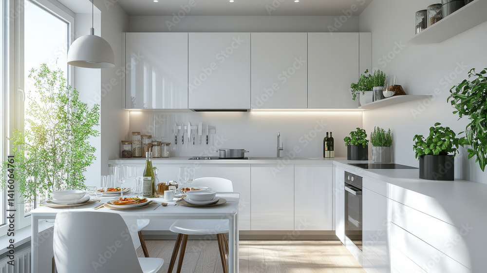Modern kitchen interior with dining area, sunlight, and plants enhancing ambiance Modern kitchen interior with dining area, sunlight, and plants enhancing ambiance
