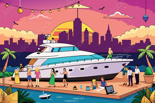 Glamorous yacht party scene with guests socializing, enjoying sunset views, and mingling around a luxurious boat, all set in a vibrant cityscape