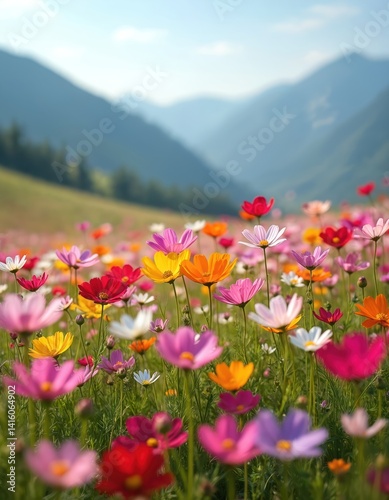 Fototapeta Naklejka Na Ścianę i Meble -  Colorful cosmos field in spring. Multicolored cosmos flowers blooming on green meadow. Floral landscape background with mountains. Sunny day, natural environment.