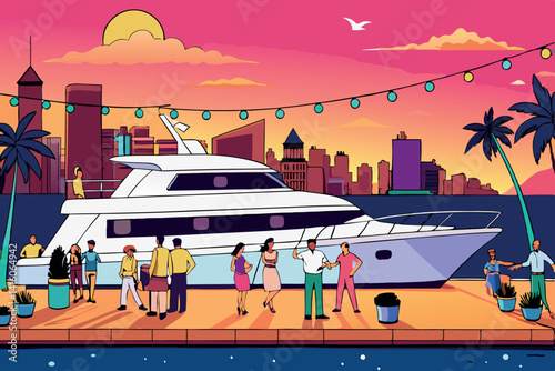 A luxurious sunset cruise a glamorous cartoon scene of a yacht surrounded by elegant guests, perfect for a high end yacht party on the water