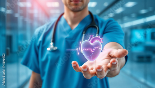 A medical professional in a hospital hallway holding a glowing heart and heartbeat graphic, symbolizing health, care, and advanced healthcare technology within a professional and caring hospital