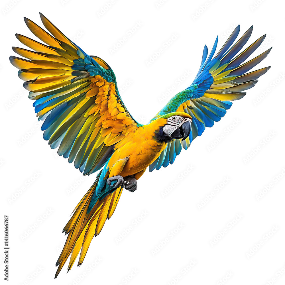 Fototapeta premium A colorful blue and yellow macaw parrot, also known as an ara ararauna, is a bright and exotic tropical bird often kept as a pet