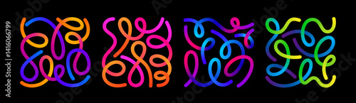 Color Gradient Lines Shapes. Abstract Vector Pattern Design. 3D Graphic Elements on a Black Background. Fun Wavy Rainbow Ribbons on Square Shapes