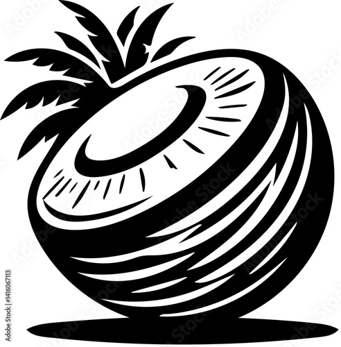 stylized cut coconut with husk and palm fronds