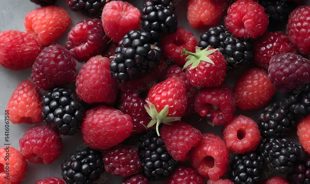 A picture, with raspberries and blackberries all over the picture, Generative AI A picture, with raspberries and blackberries all over the picture, Generative AI