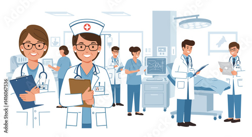 There is a group of doctors and nurses standing together in hospital...
