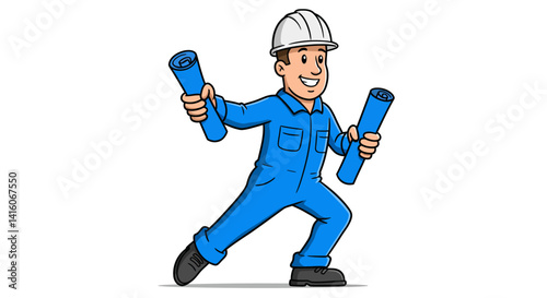 There is a cartoon of man in hard hat and overalls holding wrenet...