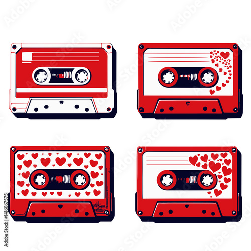 Vintage cassette tapes collection with hearts for valentine s day concept