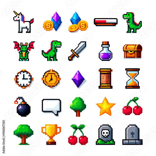 Pixel art game assets collection unicorn dinosaur dragon treasure and more
