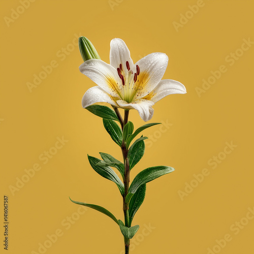 White lily flower on yellow background
