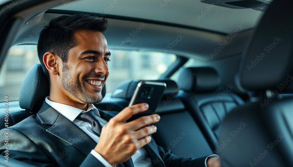 Confident young businessman smiling while using a smartphone inside a car. Shows communication, professional networking, and modern mobile technology in daily life.
Confident young businessman smiling while using a smartphone inside a car. Shows communication, professional networking, and modern mobile technology in daily life.