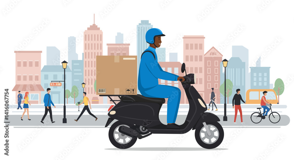 There is a man riding scooter with box on the back of it... There is a man riding scooter with box on the back of it...
