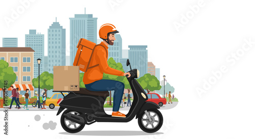 There is a man riding scooter with box on the back of it...
