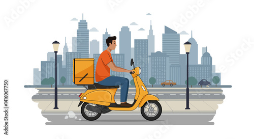 There is a man riding scooter with box on the back of it...