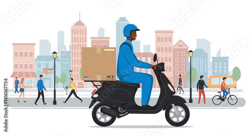 There is a man riding scooter with box on the back of it...