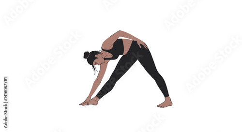 There is a woman in black top and leggings doing yoga pose...