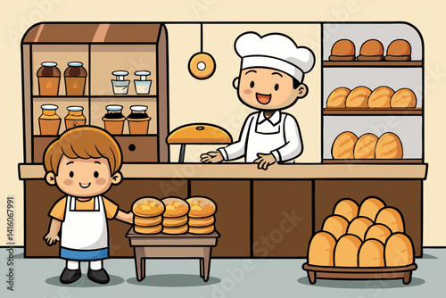 Cartoon bakery worker and child joyfully presenting freshly baked bread in a cozy bakery with shelves of bread, jars of jam, and a welcoming display