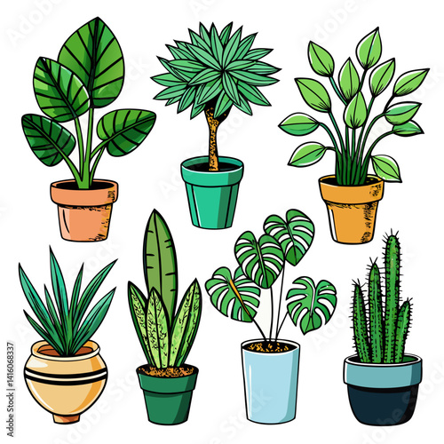 Assorted potted plants vector illustration for home decor and gardening ideas