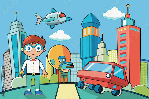 A futuristic city scene with two young inventors and their robot companions, exploring a world of innovation, skyscrapers, and flying vehicles