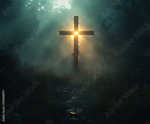 a cross radiating light in the darkness, powerful, hopeful, dramatic, chiaroscuro.