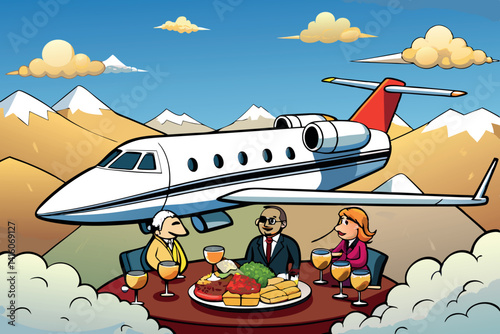 Cartoon illustration of a luxurious private jet with high end leather seating and exquisite dining options in a scenic mountainous area