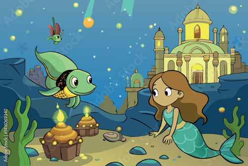 Curious cartoon mermaid exploring a mysterious underwater kingdom with colorful fish and ancient ruins in a vibrant, animated scene