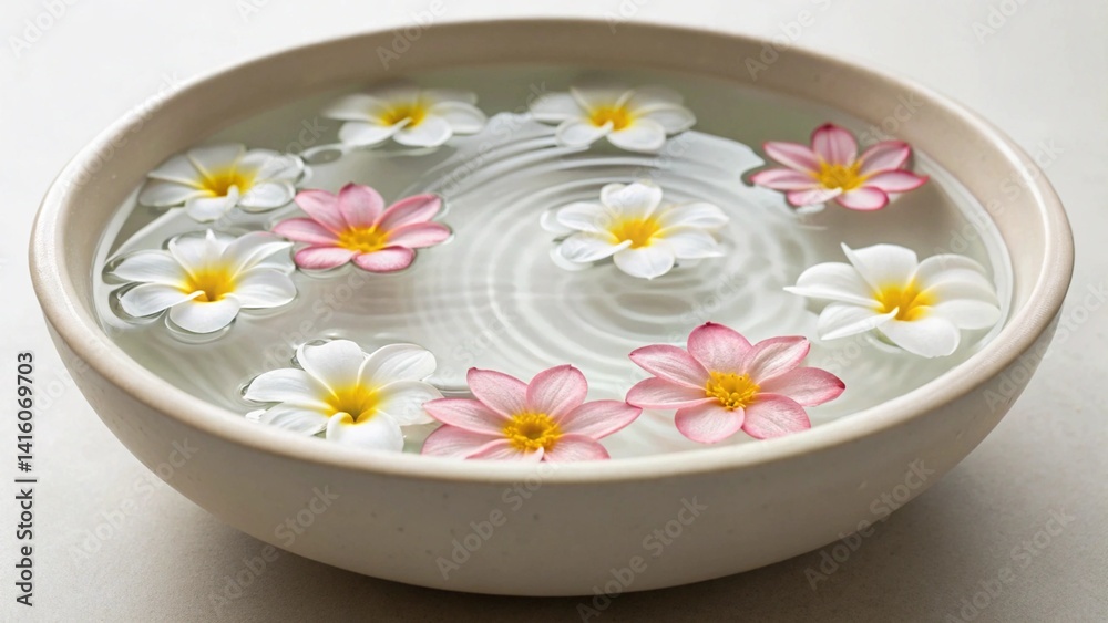 White and pink daisy flowers floating in a bowl of clear water with gentle ripples. Represents spa, relaxation, and natural beauty White and pink daisy flowers floating in a bowl of clear water with gentle ripples. Represents spa, relaxation, and natural beauty