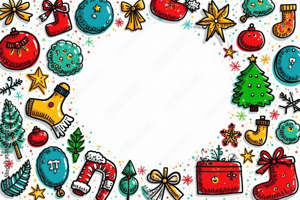 Colorful doodle holiday icons surround a white wreath , festive, holiday, decoration Colorful doodle holiday icons surround a white wreath , festive, holiday, decoration