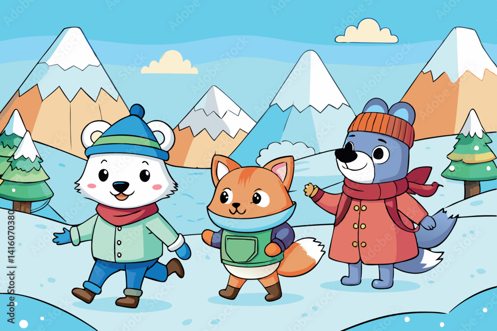Naklejka premium Cute cartoon animals wearing winter attire walking through a snow covered landscape with icy mountains and a frozen cabin on a chilly day