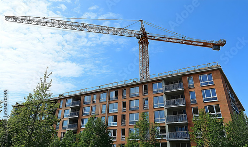 Construction site featuring a tall crane above a modern apartment building under blue skies