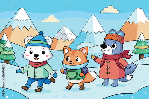 Cute cartoon animals wearing winter attire walking through a snow covered landscape with icy mountains and a frozen cabin on a chilly day