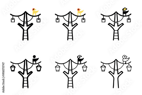 line art style illustration of a tree with birdhouses hanging from its branches, a ladder leading to the birdhouses, and a bird perched on top