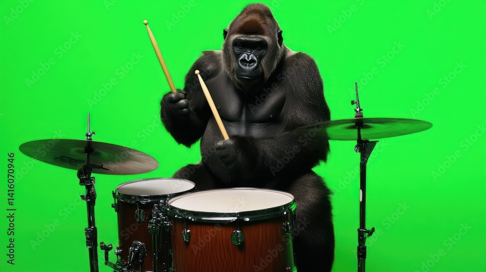 Fototapeta premium Gorilla drummer studio green screen background
