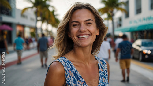 Radiant woman smiles on a vibrant Miami street, with palm trees and pedestrians creating a lively background. Sun-kissed and happy.