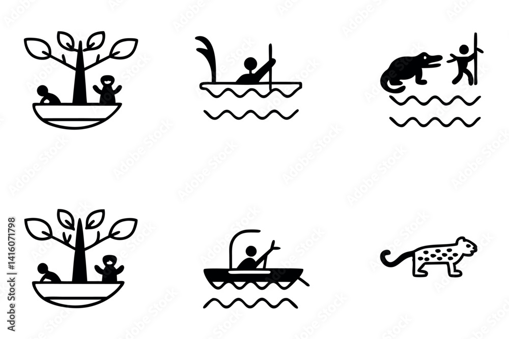 Flowing River Through Dense Jungle Forest, Line Art, Ideal for Wildlife and Eco tourism Designs Flowing River Through Dense Jungle Forest, Line Art, Ideal for Wildlife and Eco tourism Designs