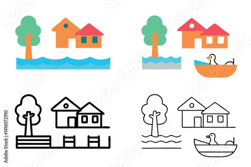 Line Art illustration of a charming riverside village with houses, trees, and boats by the water, offering a tranquil country view