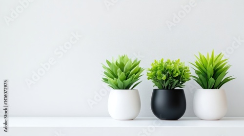 Three potted green plants arranged on a white shelf against a minimalist light grey wall, and showcasing modern interior decor and simplicity.