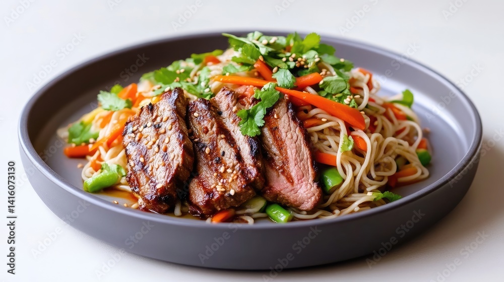 Grilled steak with soba noodles and vegetables. A plate of flavorful grilled steak slices atop a bed of soba noodles tossed with colorful vegetables like carrots and snap peas. Grilled steak with soba noodles and vegetables. A plate of flavorful grilled steak slices atop a bed of soba noodles tossed with colorful vegetables like carrots and snap peas.