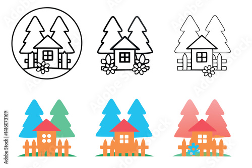 Line Art of a charming cottage with trees and a wooden fence in a scenic rural setting, ideal for outdoor living or nature themed designs