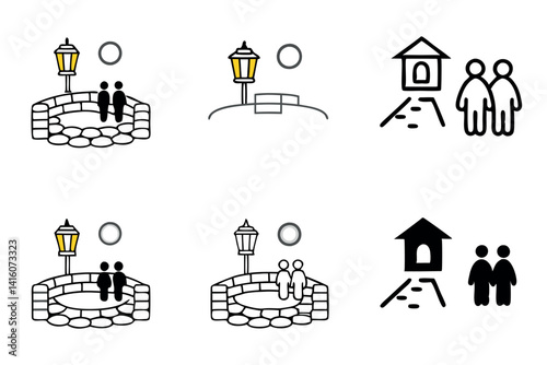 Line Art of a peaceful village square at dusk with street lanterns illuminating the cobblestone paths, perfect for serene urban landscape designs