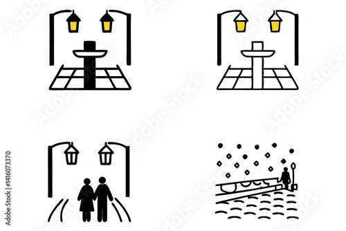 Line Art illustration of a tranquil town square at night with glowing lanterns, ideal for highlighting peaceful evening strolls and cozy outdoor settings