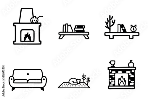 Line Art of a living room filled with warmth, featuring a sofa, fireplace, and decorative plants, ideal for interior design and cozy settings
