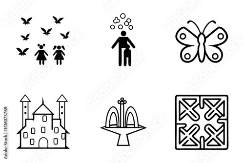 Line Art illustration of a fairy tale garden with a maze, flowers, and magical elements, perfect for family friendly or nature inspired themes