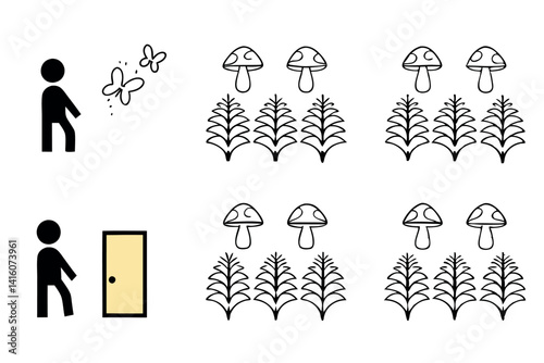 Line art door opening to a fantastical world with mushrooms and nature elements, symbolizing an escape into a mystical adventure