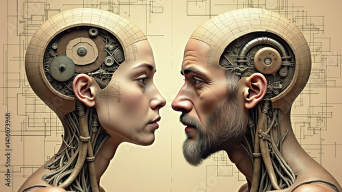 Futuristic portrait of humans with mechanical skulls facing each other, cyborg style